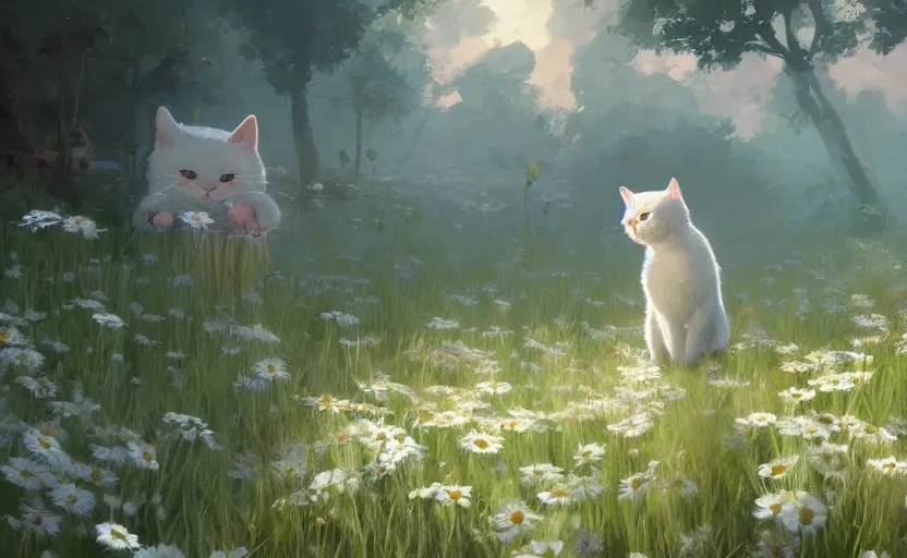 Image similar to cat and daisies, painting by craig mullins, octane rendering, soft morning lighting, wide angle lens, in the style of hayao miyazaki, trending on artstation,