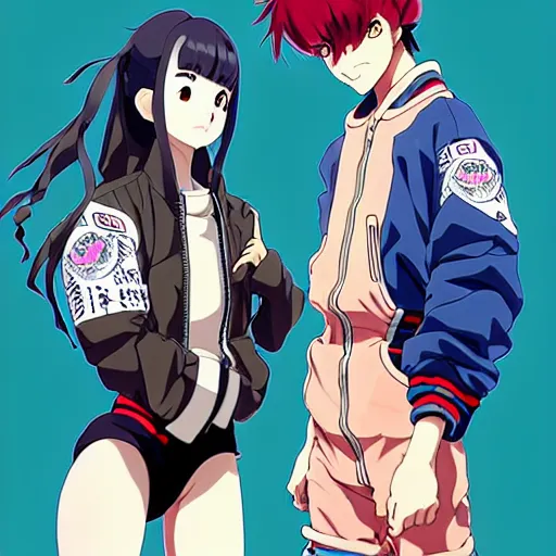 Image similar to a beautiful androgoynous anime boy gravure model, wearing oversized mayan bomber jacket and leotard with overalls, bulky poofy bomber jacket with mayan patterns, aztec street fashion, gapmoe yandere grimdark, trending on pixiv fanbox, painted by greg rutkowski makoto shinkai takashi takeuchi studio ghibli, akihiko yoshida