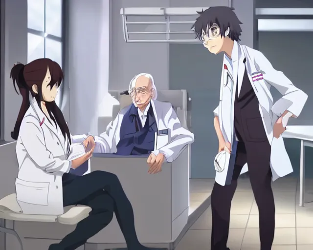 Image similar to a cute young female doctor wearing white coat are talking with an old surgeon in a hospital, slice of life anime, lighting, anime scenery by Makoto shinkai