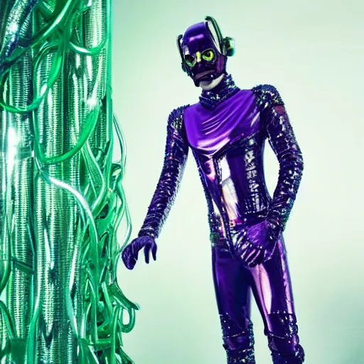 Image similar to vogue magazine photo, inside a futuristic detailed alien jungle made out of shiny reflective chrome, futuristic android with limbs made out of stretchy rubber tubing mixed with shiny colorful giant intricate detailed chrome gauntlets and chest piece and luchador mask, wearing a long purple velvet cape, fog and mist