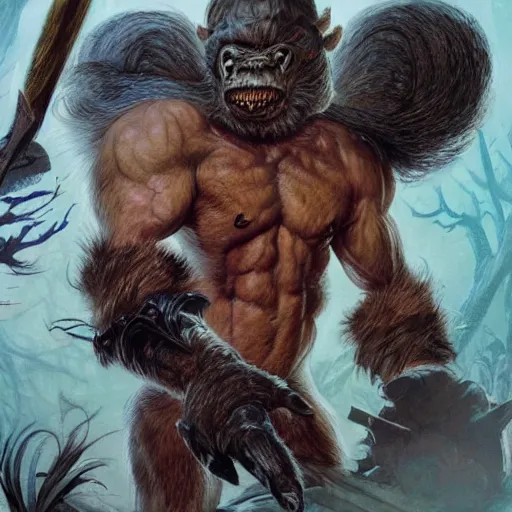 Image similar to head and shoulders ( ( ( vogue fashion photo portrait ) ) ) of a bugbear, d & d, fantasy, greg rutkowski, frank frazetta, alexandre chaudret, boris vallejo, michael whelan, miro petrov, hr giger, magali villeneuve, donato giancola