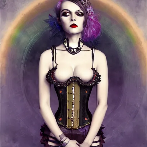 Image similar to photorealistic render of a curiosities carnival, single dollpunk model posing in a full steampunk corset, cyberpunk dyed haircut, looking at camera, symmetry accurate features, focus, rainbow lighting, very intricate details, award winning masterpiece, by tom bagshaw