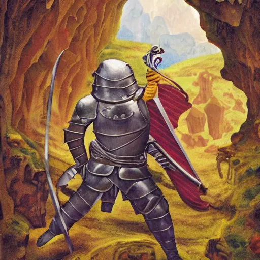Prompt: A knight with shining armor and sword in a cave by Claire Keane, Marc Davis, James Baxter and Mark Henn, hyperdetailed, photorealistic