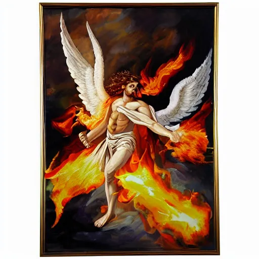 Image similar to abstract action oil painting of divine angelic man with white ancient Canaanite robes holding a flaming sword, paradise in the background, energetic