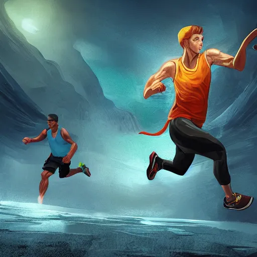 Image similar to action digital art of a an athletic runner holding a bible. Chased by mysterious monsters. concept art, highly detailed, promotional art, HD, digital painting, trending on ArtStation, golden ratio, rule of thirds,