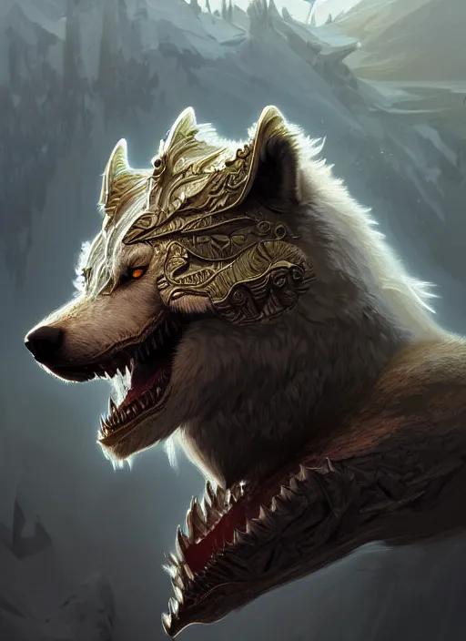 Prompt: anthropomorphic dire wolf berserker, intricate, elegant, highly detailed animal monster, digital painting, artstation, concept art, smooth, sharp focus, illustration, art by artgerm and greg rutkowski and alphonse mucha, 8 k