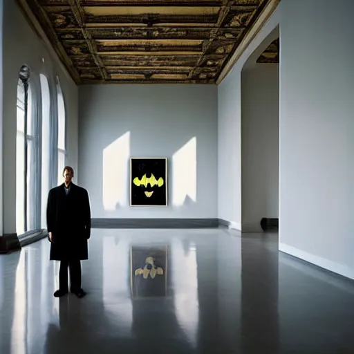 Image similar to Batman standing in giant Italian modern castle living room, clean minimalist design, that is 1300 feet tall, with very tall giant walls filled with modern art paintings, doors that are cosmic portals, photo by Annie Leibovitz