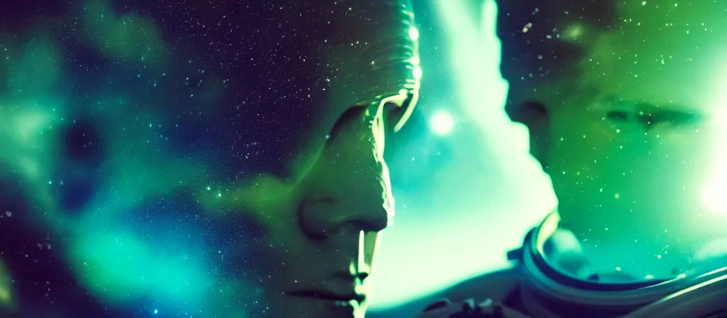 Prompt: extreme close up astronaut portrait, solemn face, green [ [ [ crystal ] ] ] caves, amethyst, beautiful dynamic lighting, nebula sky, cinematic, wide angle establishing shot, extremely high detail, photo realistic, cinematic lighting, matte painting, interstellar, greg rutkowski, roger deakins