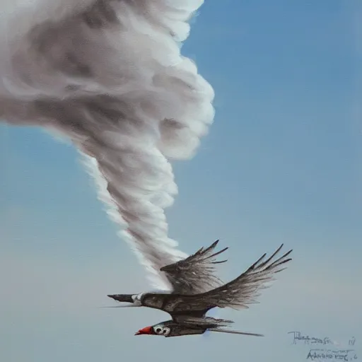 Prompt: Painting of a thunderbird trailing smoke from its wings, artstation, detailed