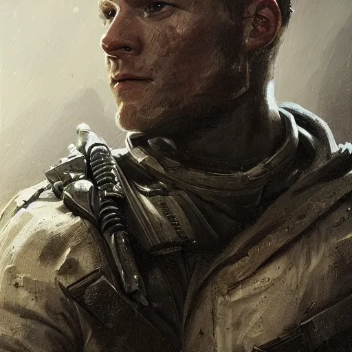 Image similar to portrait of a man by greg rutkowski, alexander ludwig as a colonial marine from aliens franchise, he is about 3 0 years old, military composure, wearing the tactical gear of the colonial marines, highly detailed portrait, digital painting, artstation, concept art, smooth, sharp foccus ilustration, artstation hq