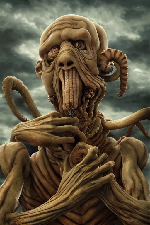 Prompt: Squidward playing the clarinet as a Titan from Attack on Titan, oil on canvas, intricate, portrait, 8k highly professionally detailed, HDR, CGsociety, Realistic