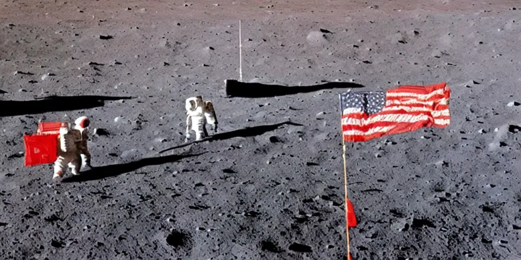 Image similar to colour photograph of the moon landing, astronauts with urss flag, spaceship, high resolution, very detailed