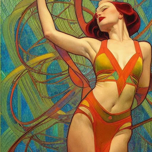 Image similar to a streamline moderne painting in the style of donato giancola, and in the style of jason chan, and in the style of alphonse mucha. symmetry, smooth, sharp focus, semi - realism, intricate detail.