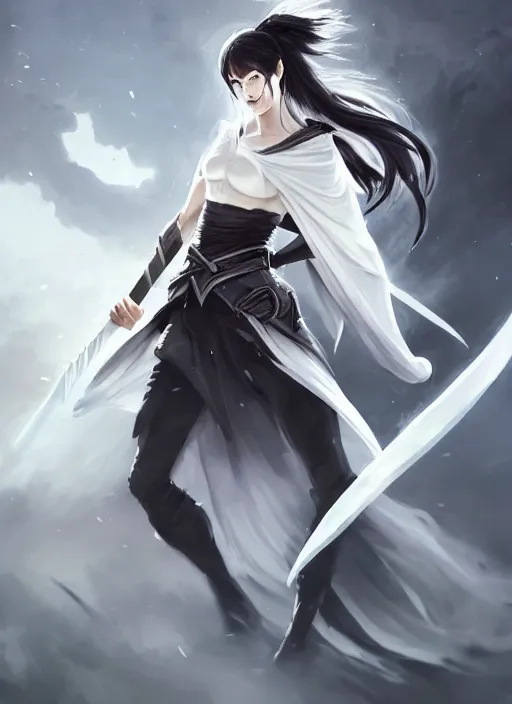 Prompt: a highly detailed illustration of fierce messy ponytail black haired one armed!!! delinquent woman wearing long white tokkoufuku cape, dramatic wielding sword pose, muscular, intricate, elegant, highly detailed, centered, digital painting, artstation, concept art, smooth, sharp focus, league of legends concept art, wlop.