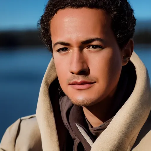 Image similar to modern day alexander hamilton closeup portrait, dramatic light, lake background, 2 0 0 mm focal length, aperture, iso, photograph, flicker, 8 k