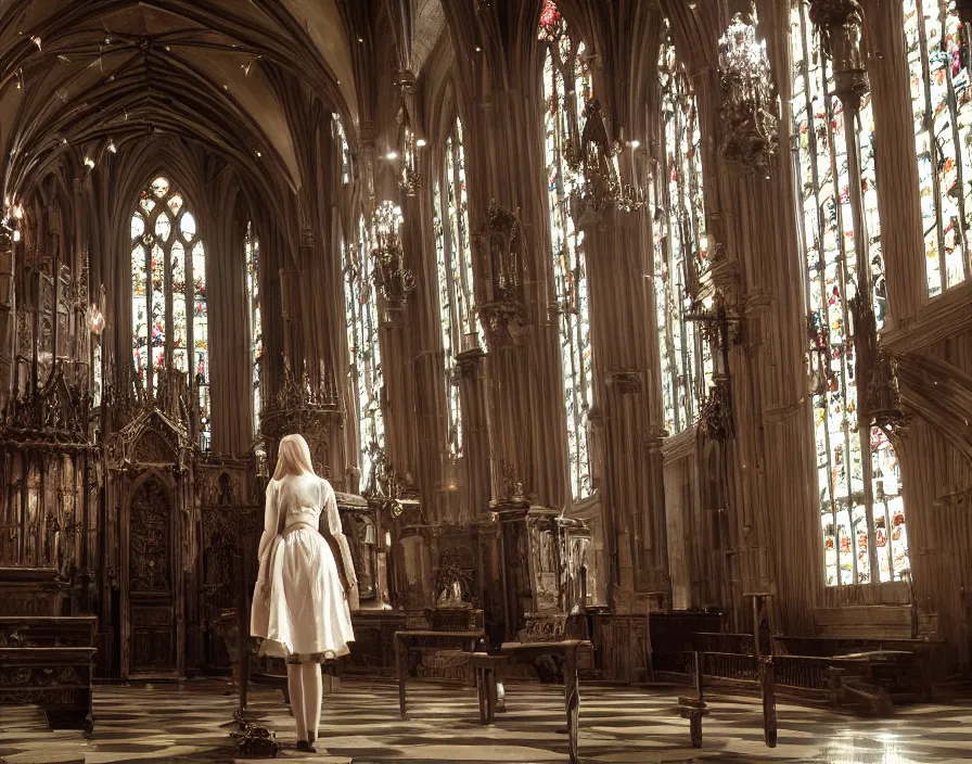 Image similar to a highly detailed unreal engine symmetric portrait of a gothic girl in a richly decorated church with a wet floor and light coming in through the stained windows, bokeh, tilted frame, henry cartier bresson