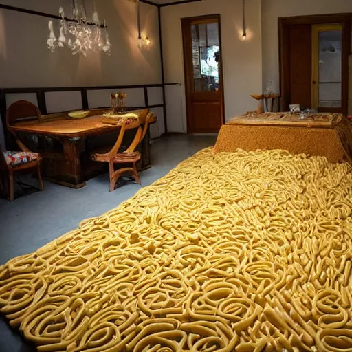 Image similar to a room made entirely of pasta, very detailed