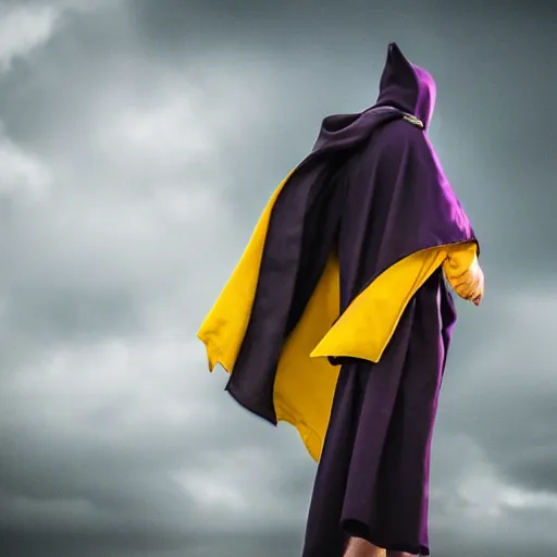 Image similar to a blur of purple, yellow, and black. figure in a cape, and cowl - flew in a split second under the rainy yet gloomy skies of gotham city