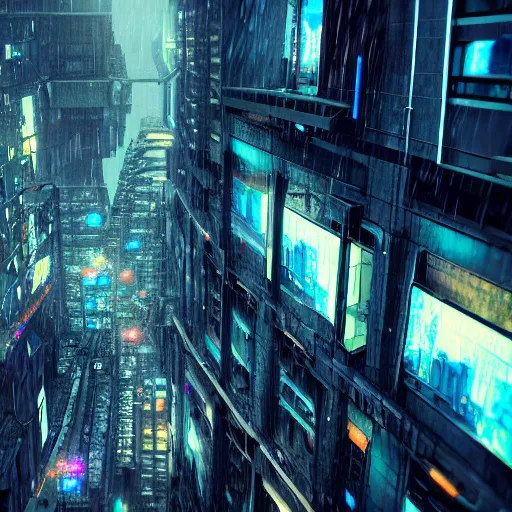 Prompt: 8 k artstation photograph rainy city cracked and crumbling into the ocean with scifi cyberpunk aesthetic hyper realistic aerial view