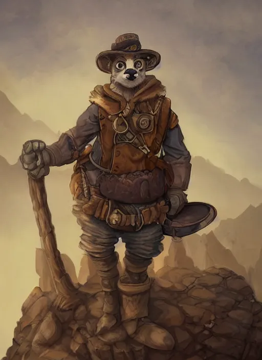 Image similar to fursona commission of a anthro burley badger wearing old-timey miner's clothes. pretty, beautiful, DnD character art portrait, matte fantasy painting. Desert mining town. DeviantArt Artstation, by Jason Felix by Steve Argyle by Tyler Jacobson by Peter Mohrbacher, cinematic lighting