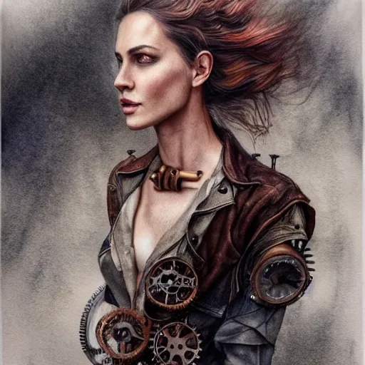 Image similar to hyper realistic full body pencil drawing of a woman steampunk standing on a road, water color, detailed, rim light, diffused, intricate, by anna dittmann,