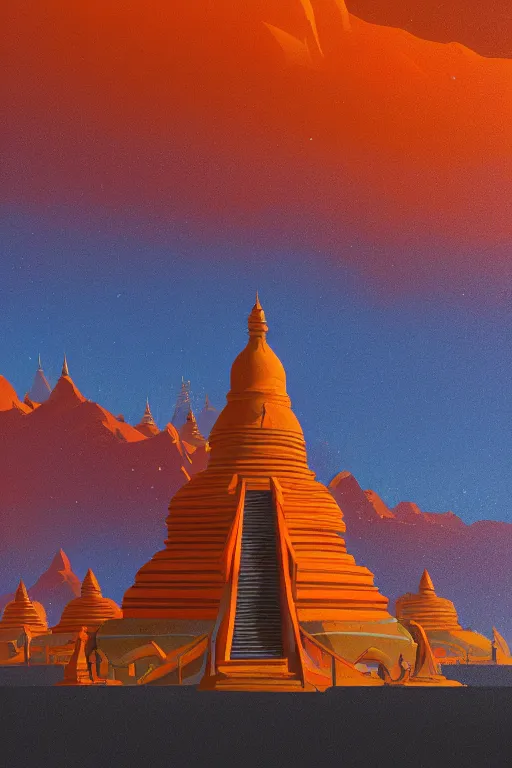 Image similar to tibetan stupas glowing orange in canyon, geometric lines in the sky, floating planets, dramatic lighting, artstation, matte painting, ralph mcquarrie, simon stalenhag