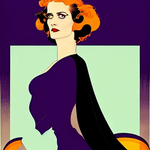 Image similar to Eva Green is Super Spy Captain, the Electric Woman, Art by Coles Phillips and Joshua Middleton, Chalk white skin, deep purple hair, Green eyes, Orange background, Mucha, Portrait of the actress, Eva Green as Metamorpho, carbon black and antique gold
