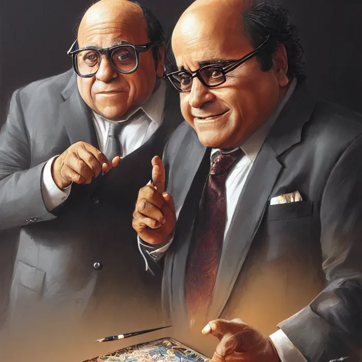 Image similar to danny devito and an indian wearing a suit, elegant, real life skin, intricate artwork, high detailed, artstation, concept art, smooth, sharp focus, art by artgerm and greg rutkowski