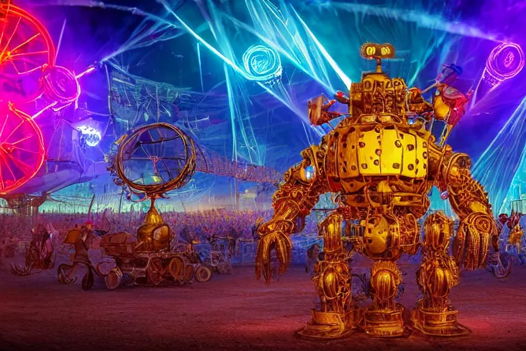 Prompt: scene is burning man festival, portrait photo of a giant huge golden and blue metal steampunk robot, with gears and tubes, eyes are glowing red lightbulbs, audience selfie, shiny crisp finish, 3 d render, 8 k, insaneley detailed, fluorescent colors, haluzinogetic, background is multicolored lasershow