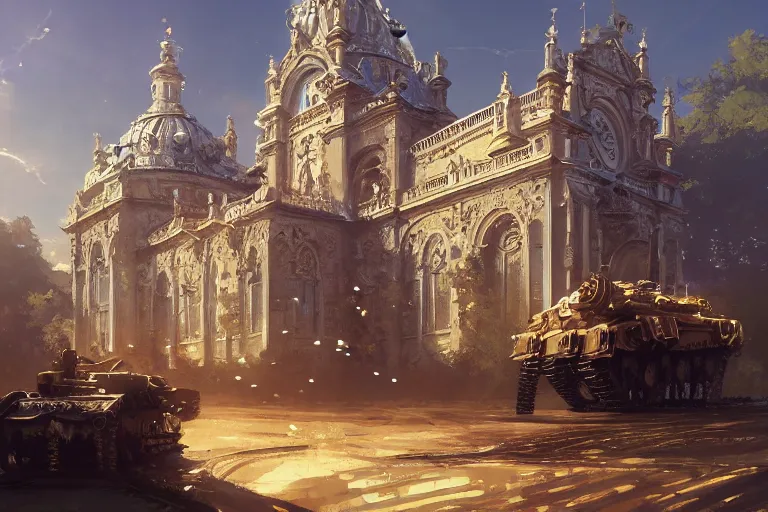 Image similar to an ornate baroque church with tank chains, scene in an open field. key visual, conceptart, ambient lighting, highly detailed, digital painting, artstation, concept art, sharp focus, by makoto shinkai and akihiko yoshida and greg manchess