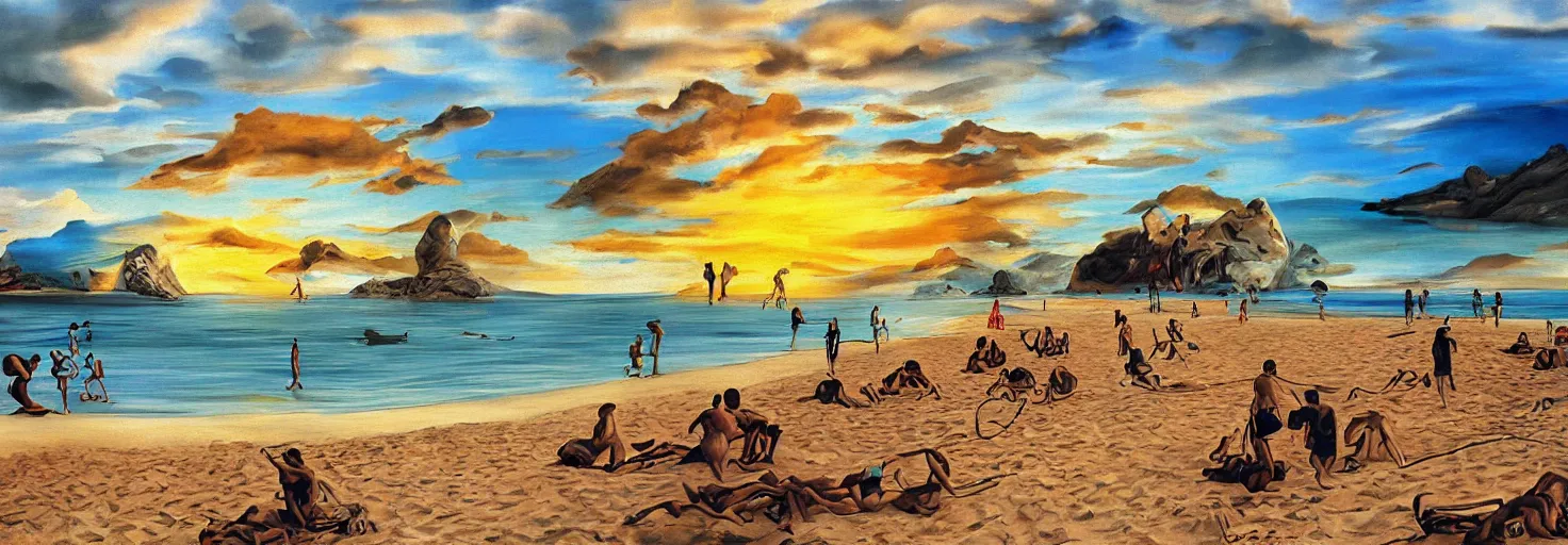 Image similar to People in beach by Salvador Dali and Bob Ross collaboration, mural, sun set, digital art, high details