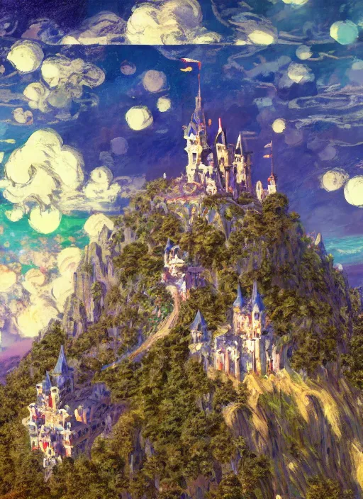 Image similar to retro - futurism anime castle on a mountain in clouds with lots of details look from above rule of thirds golden ratio, fake detail, trending pixiv fanbox, acrylic palette knife, artwork by claude monet