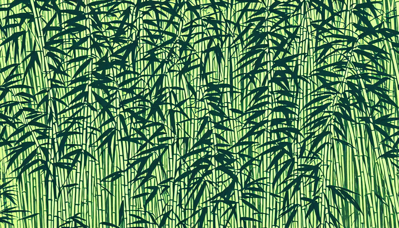 Image similar to close up of ferns with bamboo forest in the background by woodblock print