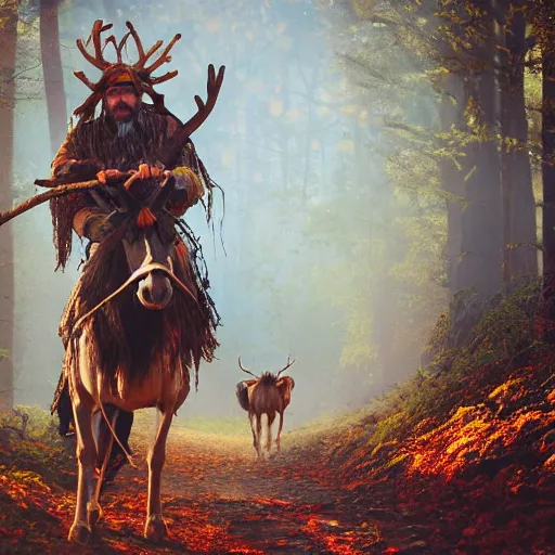 Image similar to hippie tribal hobo wearing twigs and leaves smiling sheepishly, riding tiny scuffy donkey with novelty oversized antlers, autumn forest, highly detailed, dramatic lighting, night time, cinematic, hyperrealistic, detailed, movie still from game of thrones