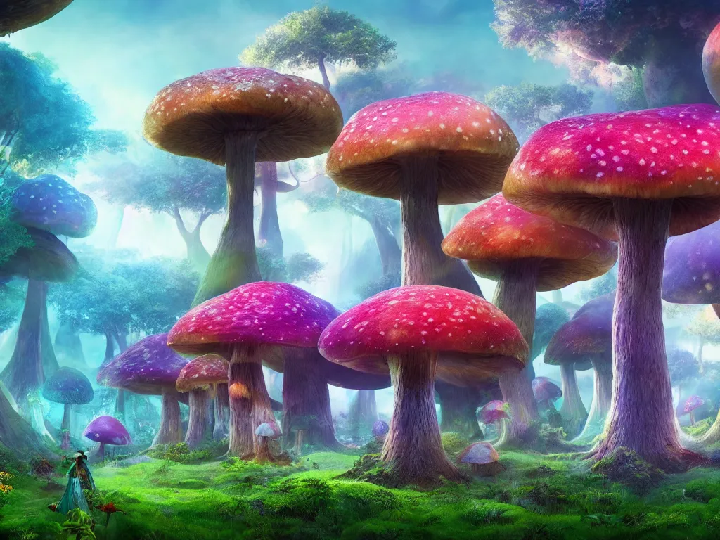 Image similar to a beautiful otherworldly fantasy landscape of giant mushroom trees forming canopies over bright colorful mythical floral plants, like alice in wonderland, rendering, cryengine, deep color, vray render, cinema 4 d, cgsociety, bioluminescent