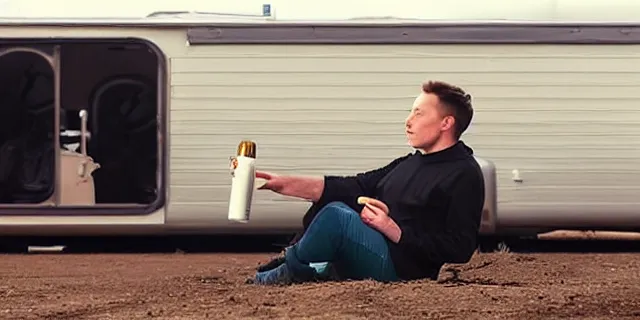 Prompt: full distant shot of balding elon musk in a tracksuit drinking beer in filthy trailer, by ken loach