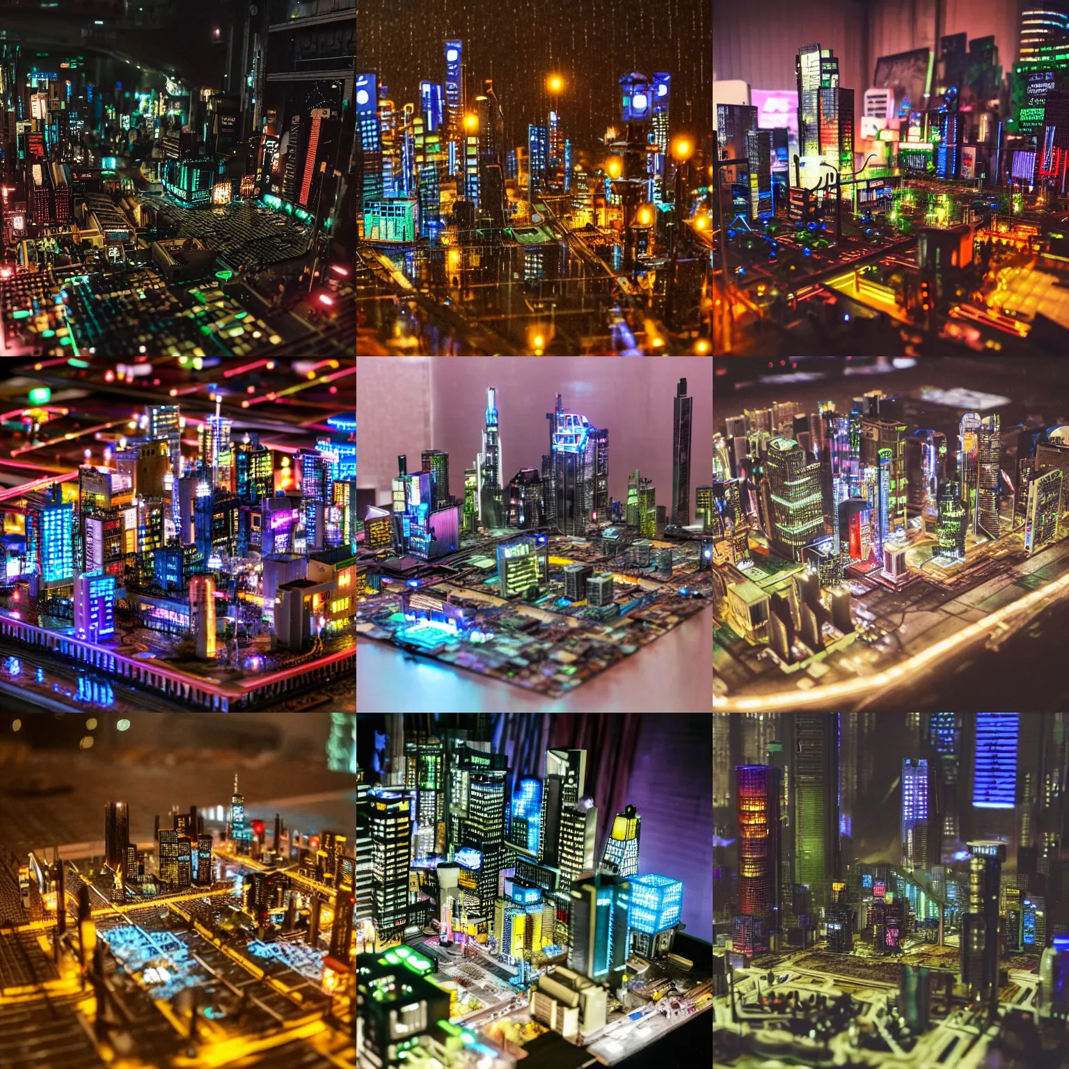 Prompt: miniature model of a cyberpunk city on a rainy night