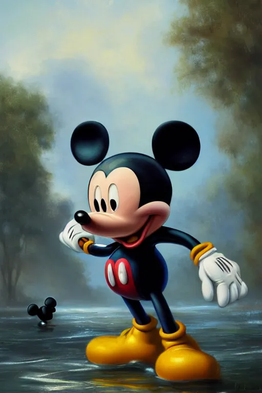 Image similar to realistic mickey mouse, 8 k, trending on artstation, smooth, sharp focus artwork by gustave courbet, mark keathley, greg rutkowski and annie leibowitz