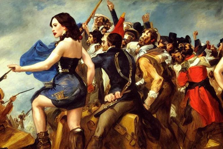 Prompt: Kat Dennings as Liberty Leading the People by Eugène Delacroix', highly detailed, trending on artstation, award winning, H 768