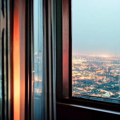 Image similar to looking out the window at night, overlooking the city, sad, alone, melancholy, moody, gloomy, atmospheric, bittersweet, color palette, staring, city lights, bedroom window, balcony