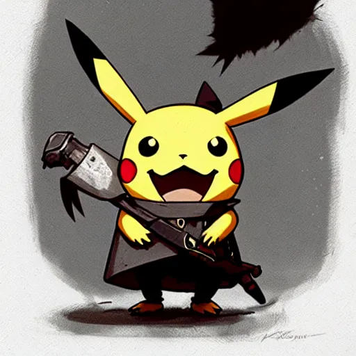 Image similar to pikachu in a back alley wielding a machete and a blunderbuss, art by greg rutkowski, in the style of bloodborne and pokemon, intricate, elegant, highly detailed, smooth, sharp focus, artstation