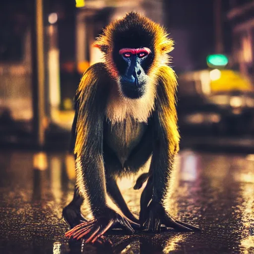 Prompt: a high quality low wide angle photo of a Mandrill monkey on the streets of a cyberpunk city, rainy, reflective ground, neon lights, realism, 8k