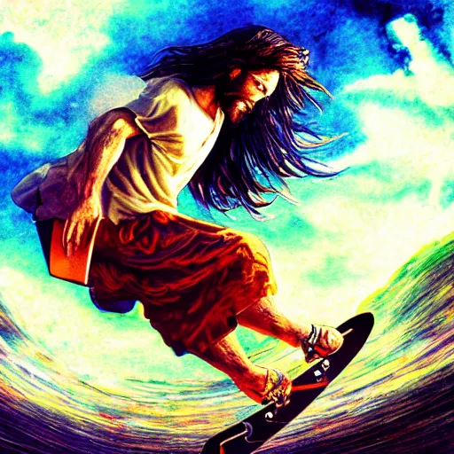 Image similar to UHD photo of a Jesus skateboarding , stoner rock, extremely detailed, 8k, cinematic lighting, in the style of Amano and Ayami Kojima, with vivid colors and rich composition