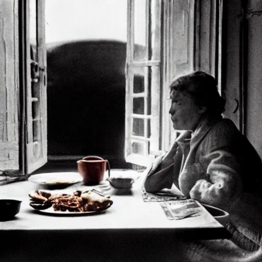 Image similar to 4 k remaster extremely detailed cinematic movie still from soviet movie a soviet woman sitting at a table next to the window with food, dark warm light, a character portrait by margarita terekhova, movie stalker solaris film still by andrei tarkovsky, 8 k, close - up bokeh, gelios lens, color, noir