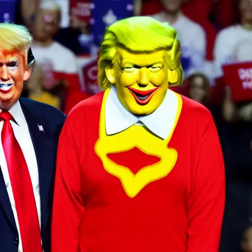 Prompt: Ronald McDonald endorses Trump at a campaign rally