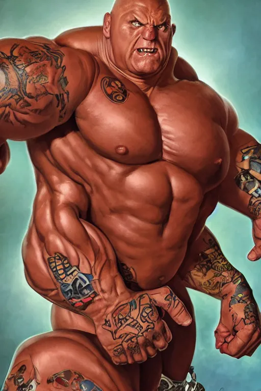 Prompt: upper body and head portrait of huge hulking absurdly muscular martyn ford as marvel character wearing shirt and pants against simple background by alex ross and jack kirby and sergey kolesov and jason fabok and lawrence alma tadema and norman rockwell and greg staples, photoreal, cinematic, 4 k, high detail