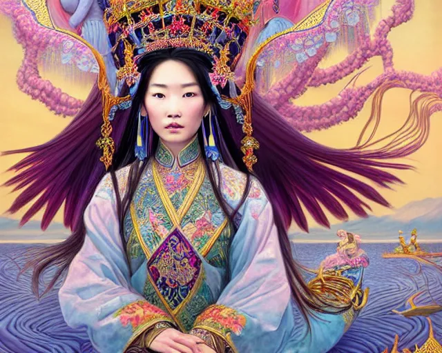 Image similar to portrait of a beautiful asian mongolian princess goddess spreading its wings, portrait of princess wearing a beautiful ornate crown, in the background lake baikal is seen, in the art style of bagshaw tom artgerm and bowater, charlie, by bagshaw tom, artgerm and bowater, charlie - - height 6 4 0