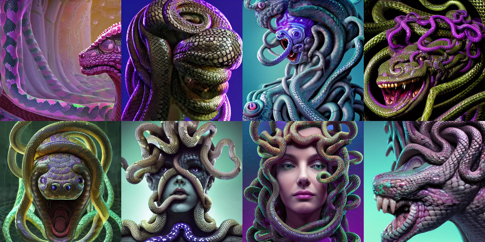 Prompt: beautiful medusa gorgon head highly detailed snakes, snake tongue, cosmic horror, ghostly, arcade, duotone, poltergeist, epic lighting, intricate, elegant, smooth, sharp focus, photo real, ultra realistic, unreal engine 5, raytracing, in the style of beeple and mike winkelmann, ultraviolet colors,