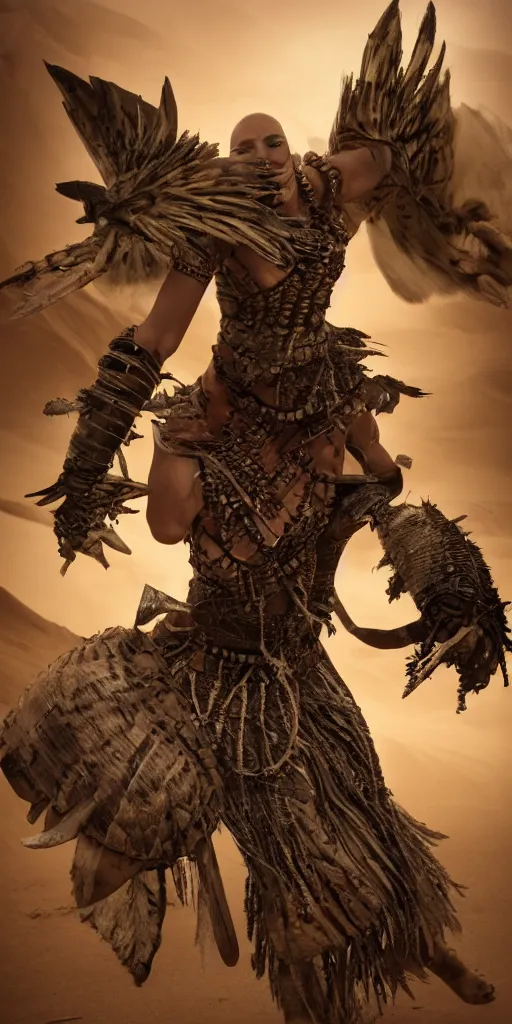 Image similar to fighting in air shaman tribeswoman, destroyed armor parts fly away, inspired by monster hunter, low shot, muscular body, symmetrical face, clean face, subtle make up, destruction around her, frozen time,dramatic lighting, cinematic, establishing shot, extremely high detail, photorealistic, 300 the movie,monster hunter the movie, dune the movie, cinematic lighting, artstation, octane render, western,old photo, vintage