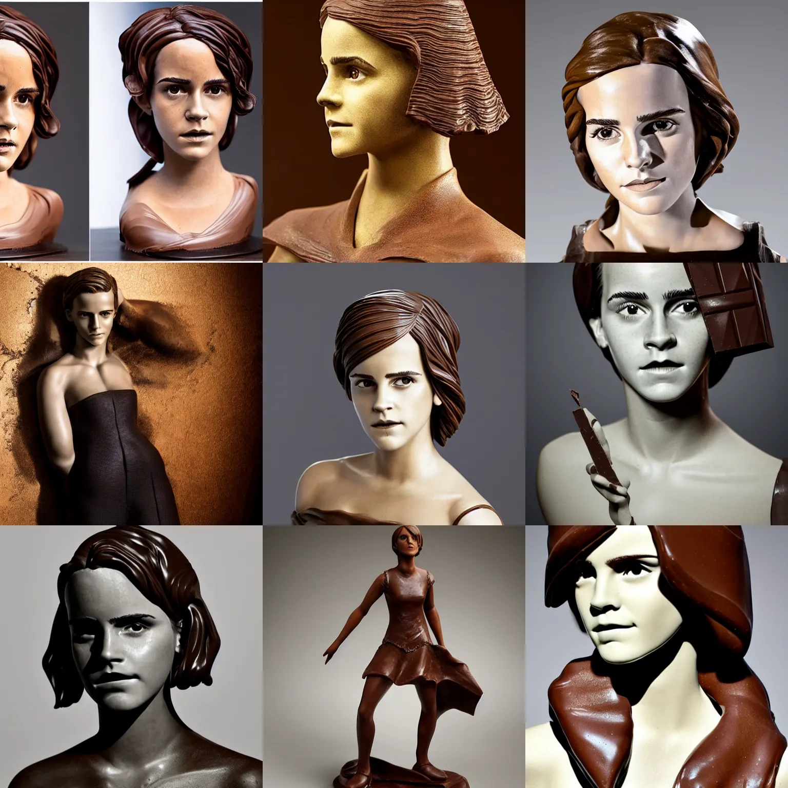 Prompt: chocolate sculpture of emma watson, fully clothed, studio lighting